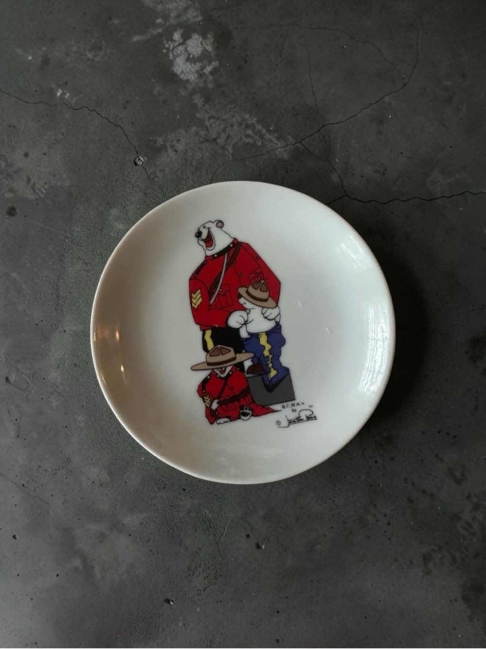 Mountie Bears Ceramic Trinket Dish - White with Red and Blue Artwork